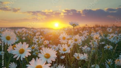 Daisies in the sunset: A panoramic view captures the beauty of nature as the sun sets over a meadow filled with blooming flowers.