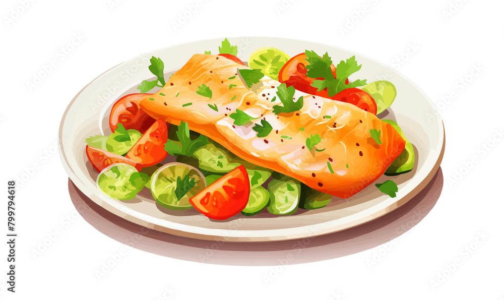 Fish fillet with vegetables on a white plate isolated vector style illustration Fish fillet with vegetables on a white plate isolated vector style illustration