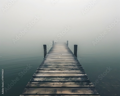 Misty Pier Extending into Fog-Shrouded Lake,Conveying Solitude and Melancholy