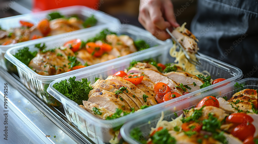 Preparing takeaway chicken salad meals for delivery. Gloved hand portions out a nutritious chicken salad with vegetables and cheese into containers for food delivery services during covid-19