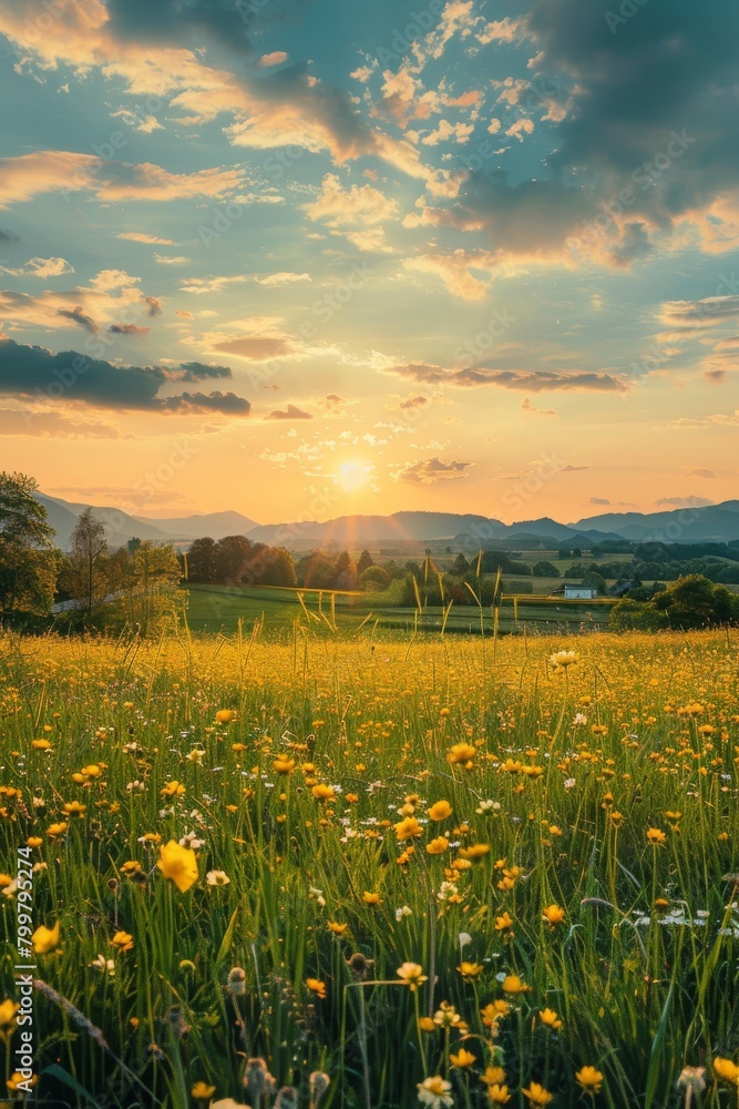 Fototapeta premium Sunset over a vibrant meadow with yellow flowers