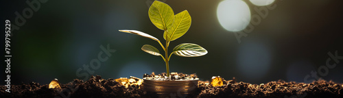 A coin with a small tree growing on it, displayed on a financial report to represent steady financial developments and growth in business