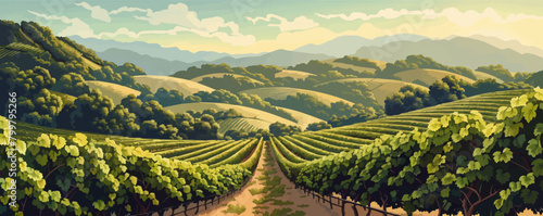 A picturesque vineyard with rows of grapevines stretching across sun-kissed hillsides. Vector flat minimalistic isolated