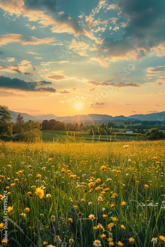 Sunset over a vibrant meadow with yellow flowers