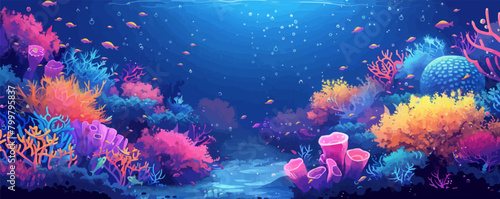 Underwater kingdom with amazing sea creatures and vibrant coral reefs. Digital art style vector flat minimalistic isolated illustration.