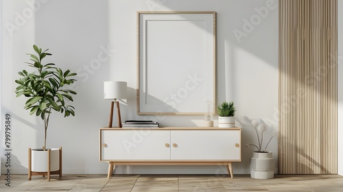 Mock up poster frame on cabinet in interior.3d rendering  Mockup frame in living room interior with chair and decor  Scandinavian style.3d rendering ai generated 