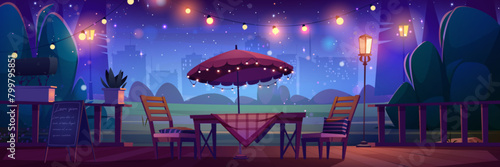 Night street cafe or restaurant in city park scene background. Outdoor patio with table, garland, umbrella and chair in evening for romantic date or celebration. Urban summer terrace with signboard © klyaksun
