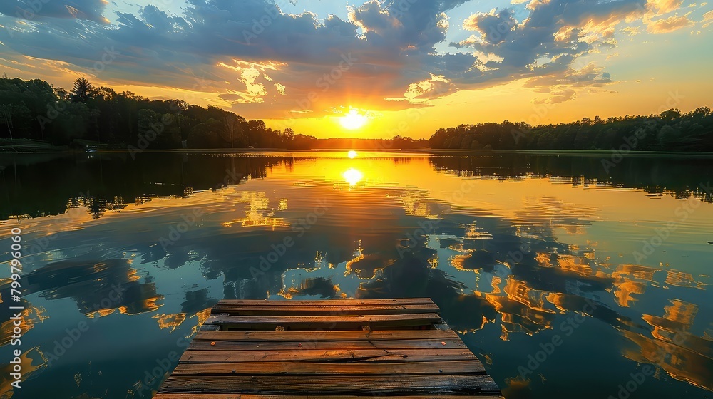 Golden reflections: The tranquil surface of the lake mirrors the vibrant colors of the sunset, with an old wooden dock in the foreground.