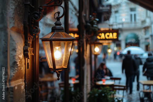 Warm glow from Italian fixtures through a cafe window invites passersby inside. photo