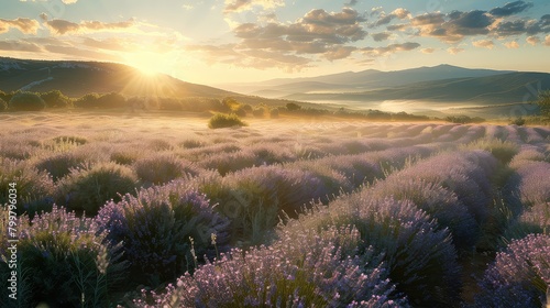 Golden hour in the lavender valley: The soft light of sunrise bathes the landscape in a warm and ethereal glow.