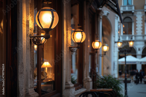 Cafe exterior viewed through a window  Italian lights casting a welcoming glow.