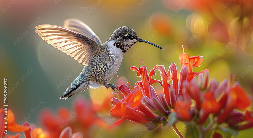 Naklejka premium A hummingbird feeding on a bright red flower, its wings a blur of motion. Generative AI.
