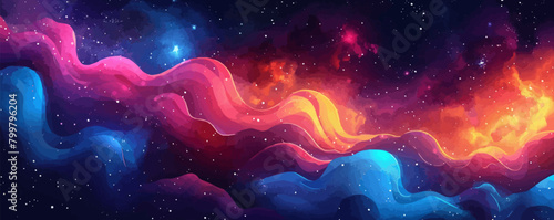 Abstract space journey, with bright stars and galaxies in the background. Vector flat minimalistic isolated illustration in digital art style.