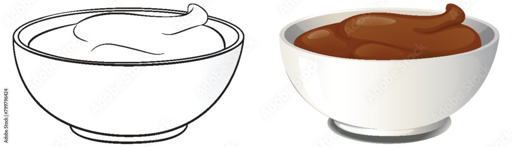 Two bowls, one line art, one colored. Two bowls, one line art, one colored.