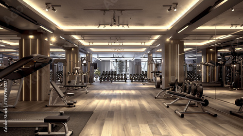 Modern gym environment illuminated by evenly distributed Italian overhead lights. photo