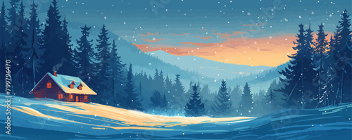A snow-covered forest glen with a cozy log cabin nestled among the evergreens. Vector flat minimalistic isolated illustration photo