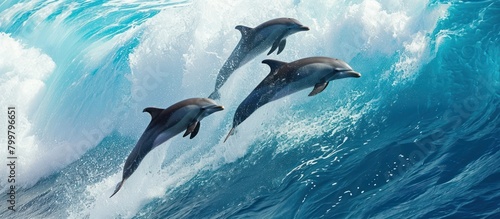 Two dolphins leaping out of the blue ocean water, splashing waves in their wake photo