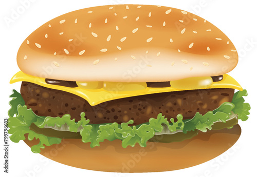 Vector graphic of a tasty cheeseburger with lettuce