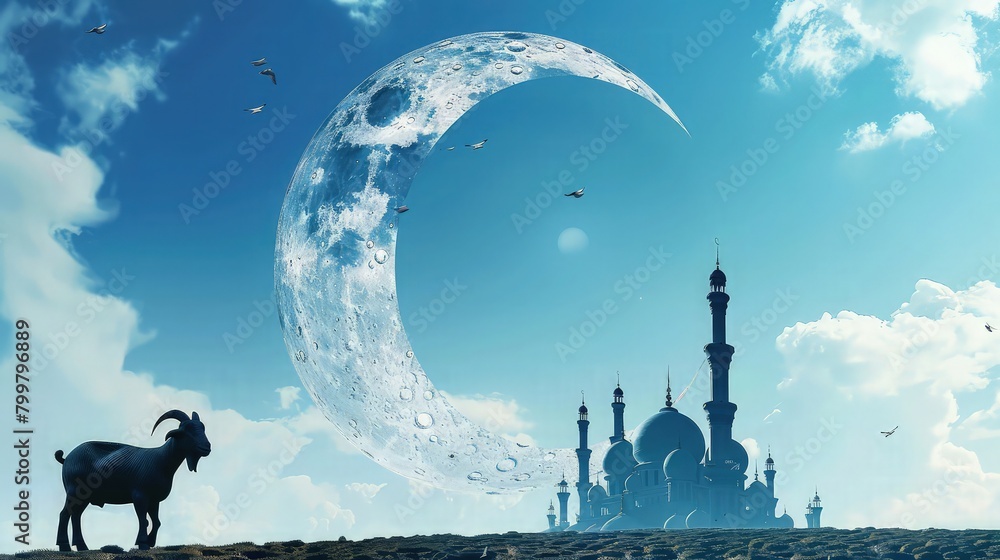 Fototapeta premium Against a backdrop of a clear evening sky, a majestic mosque rises up, its domes and minarets reaching toward the heavens.