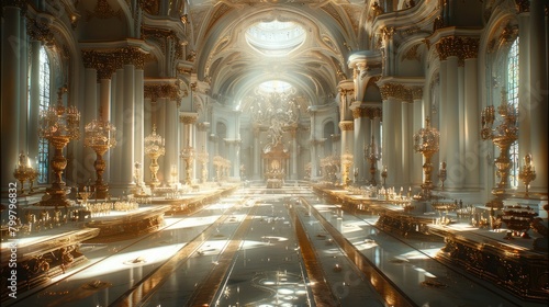 Landscape of an monumental high fantasy ballroom set up for a feast, tables, throne, golden accents. Generative AI.