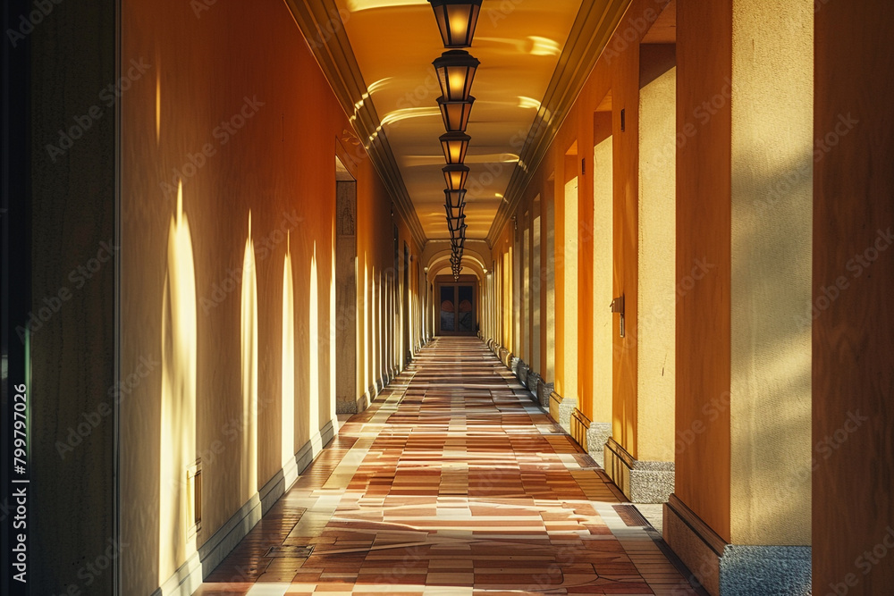 Elongated shadows in a brightly lit hallway by Italian ceiling lights.