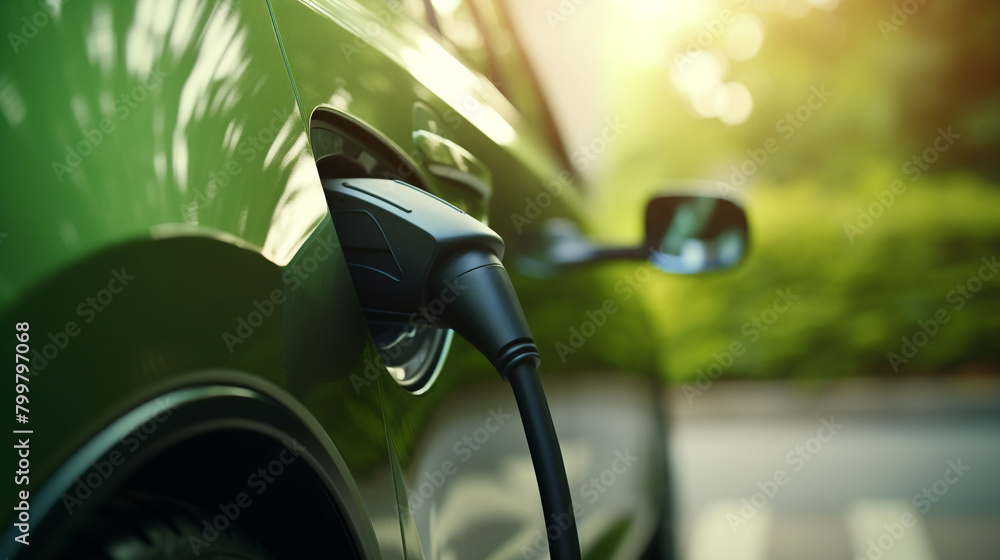 Close-up of an electric vehicle's charging port as it connects to a fast charger, emphasizing the quick and easy charging process Close-up of an electric vehicle's charging port as it connects to a fast charger, emphasizing the quick and easy charging process