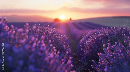 Morning glow in the lavender fields: Soft hues of sunrise cast a warm glow over rows of lavender, capturing the essence of summer. 