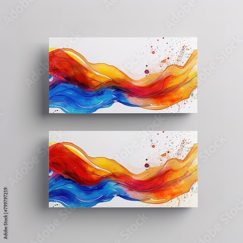 Artistic business card mockup featuring abstract watercolor, A vibrant diptych of abstract fluid paintings on canvas, featuring waves of blue and orange with dynamic splatters and flows.