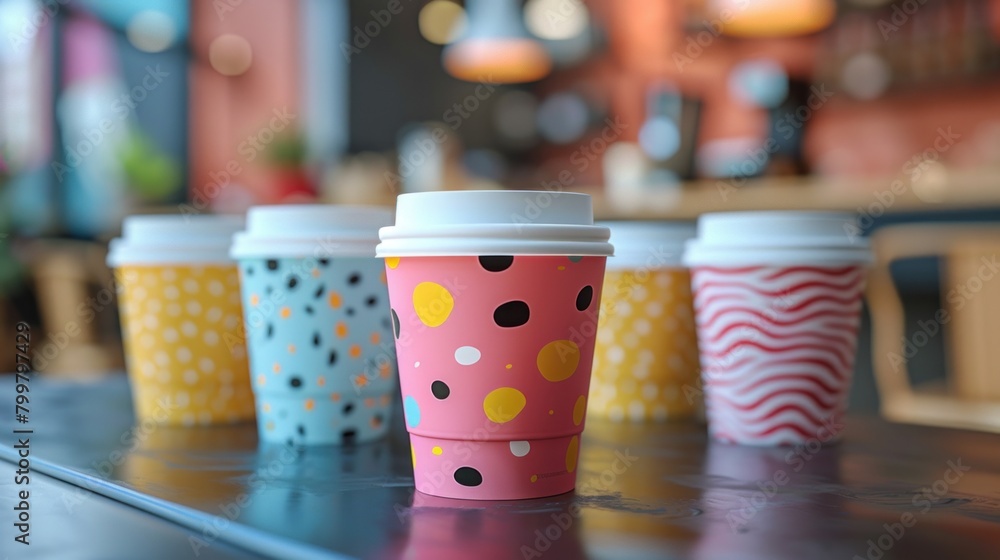 Bold graphics and striking colors adorn mockup coffee cups, transforming ordinary objects into marketing masterpieces.