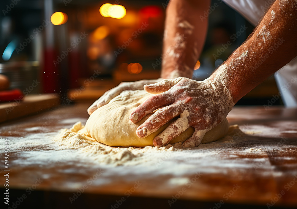 Male Hands Kneading Pizza Dough on Floured Surface - Close-Up, Textured Process of Making Fresh Italian Bread