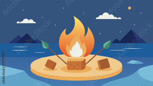 The simplicity and nostalgia of roasting smores on a beach campfire brings a sense of joy and contentment to the group.. Vector illustration
