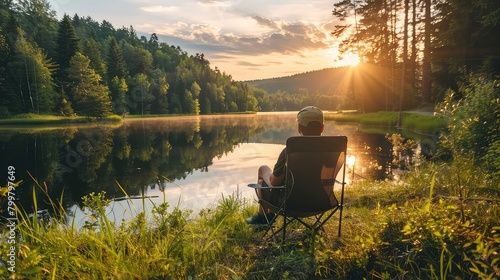 Peaceful lakeside retreat: A man finds tranquility by the forest lake, seated in a camping chair and surrounded by the serene beauty of the summer evening. 