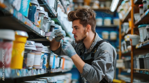 Precision in every stroke: A portrait of a young man diligently measuring paint quantities for customers. 