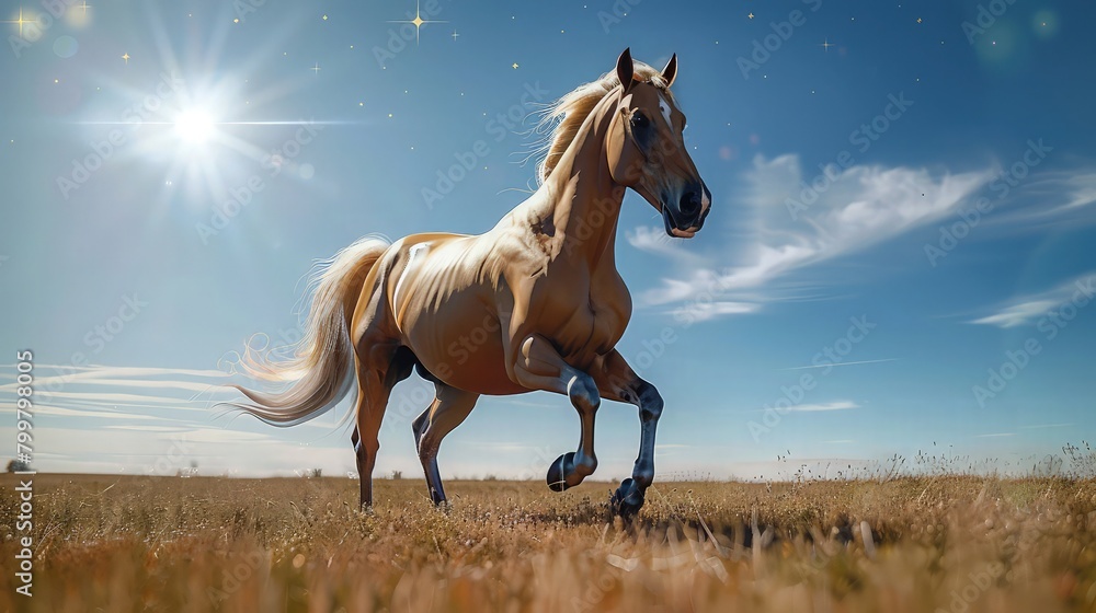 In a vast expanse of lush meadows, a magnificent horse grazes peacefully under the warmth of the bright sun. In a vast expanse of lush meadows, a magnificent horse grazes peacefully under the warmth of the bright sun.