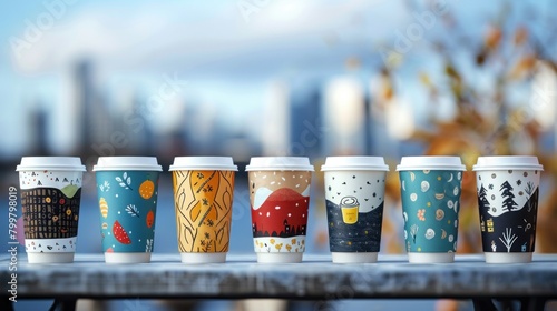 Each mockup coffee cup tells a story, reflecting the unique branding and style of the businesses they represent. photo