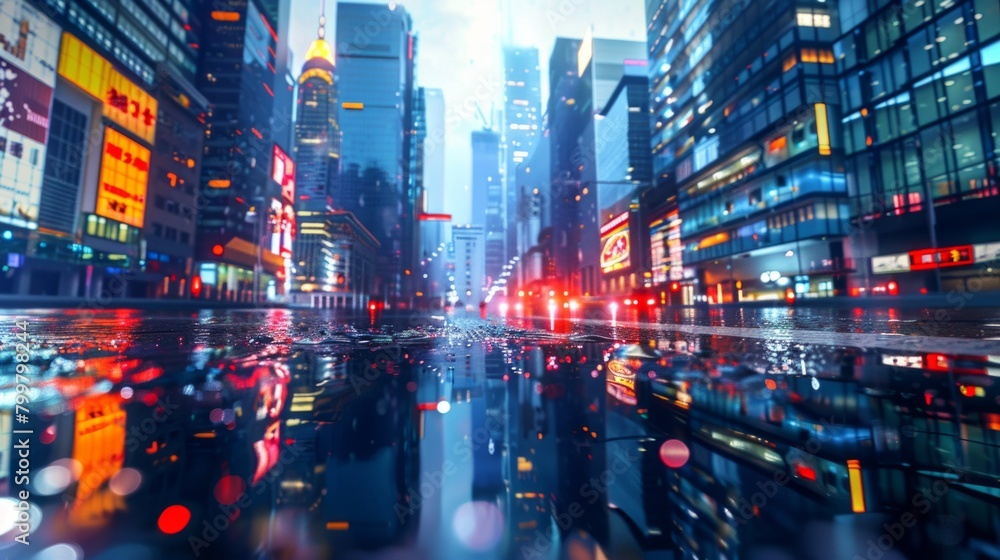 3D Rendering of modern skyscraper buildings in large city at night with reflection on wet puddle street after raining.