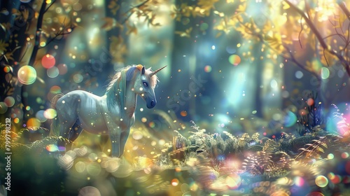 A serene clearing in the midst of an ancient forest, bathed in the soft glow of golden bokeh lights. photo