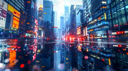 3D Rendering of modern skyscraper buildings in large city at night with reflection on wet puddle street after raining.