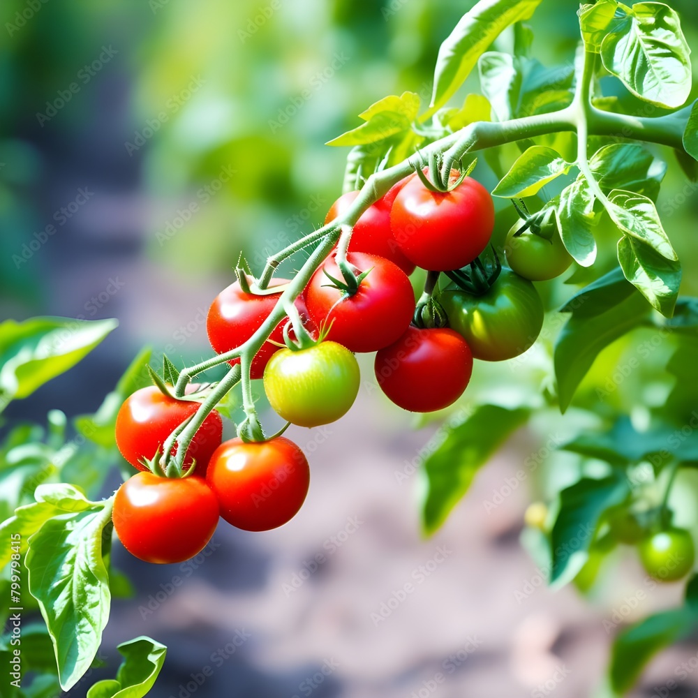Ripe tomato plant. Fresh bunch of red natural tomatoes on a branch in vegetable garden. Blurry background and copy space for your advertising text message.A bush of ripe tomatoes in the garden.
