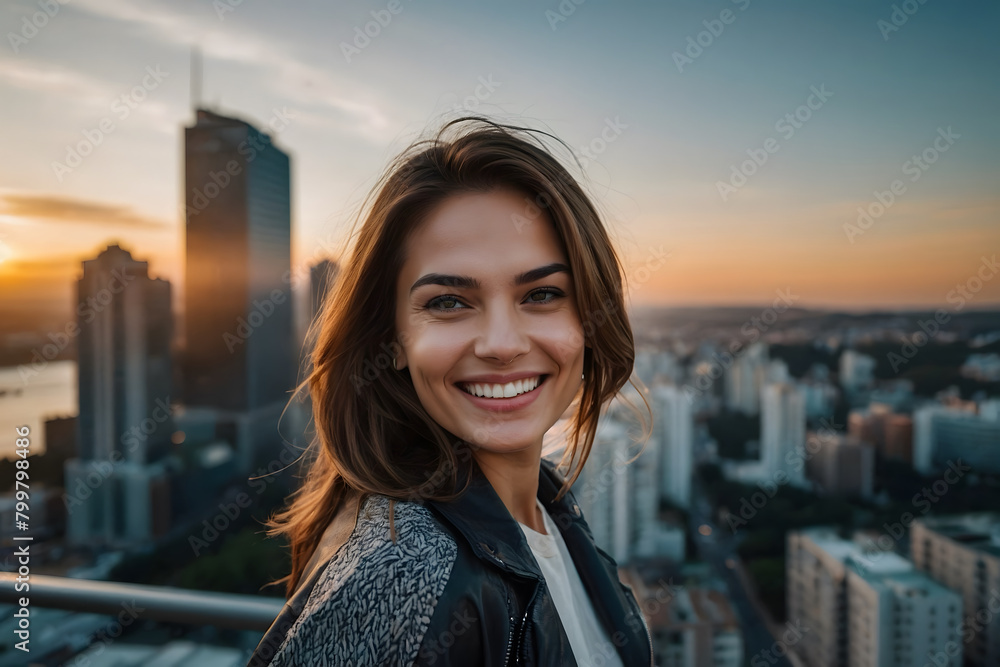 A portrait of a smiling woman