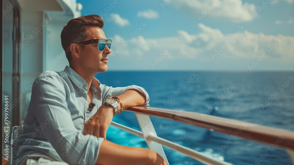 Man relaxing on an outdoor deck of a cruise ship looking at view of the sea on a luxury travel to cross the ocean Man relaxing on an outdoor deck of a cruise ship looking at view of the sea on a luxury travel to cross the ocean