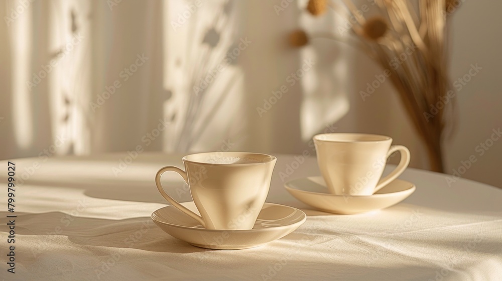 Soft lighting accentuates the curves of mockup coffee cups arranged delicately on a tabletop, waiting to be photographed. Soft lighting accentuates the curves of mockup coffee cups arranged delicately on a tabletop, waiting to be photographed.