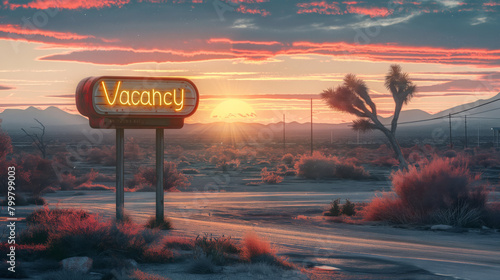 The neon glow of a Vacancy sign contrasts the serene sunset and desert flora in a tranquil scene