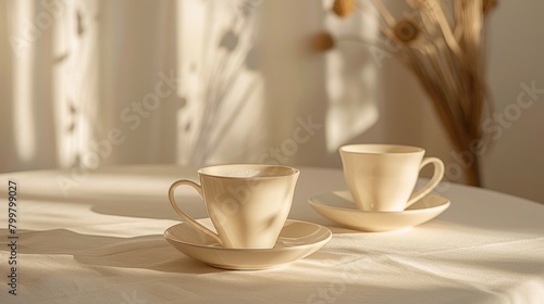 Soft lighting accentuates the curves of mockup coffee cups arranged delicately on a tabletop  waiting to be photographed.
