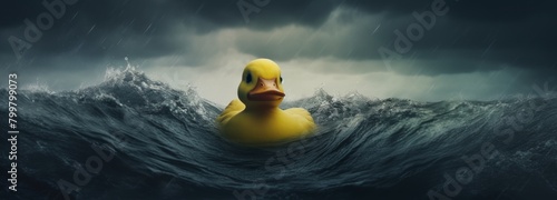 A yellow rubber duck is in the water, splashing around and enjoying the waves photo