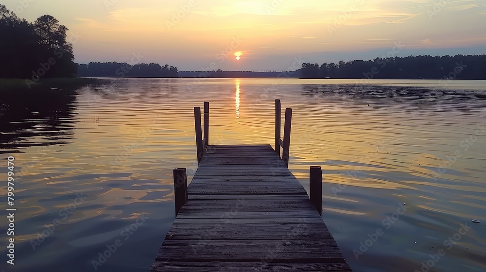 Sunset solitude: A weathered dock juts out into the calm waters of the lake, offering a solitary retreat to watch the sunset. Sunset solitude: A weathered dock juts out into the calm waters of the lake, offering a solitary retreat to watch the sunset.