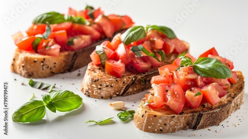 High angle view capturing the essence of bruschetta with fresh tomatoes, garlic, and basil, pristine presentation on an isolated background, studio lighting