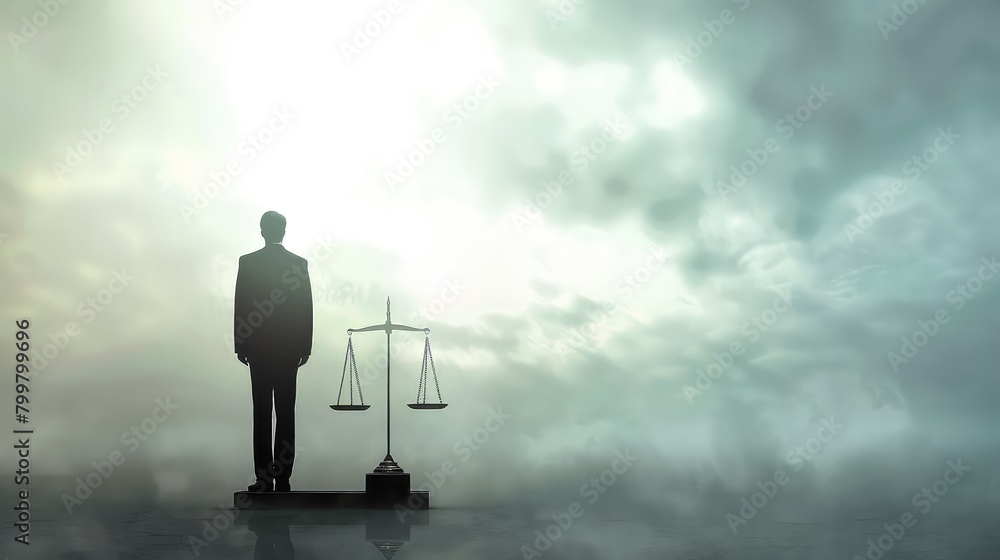 Symbol of legal equity: Lawyer stands beside the scales, background of legal environment, offering space for text or copy. Symbol of legal equity: Lawyer stands beside the scales, background of legal environment, offering space for text or copy.