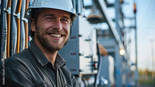 System optimization: A male electrician smiles as he inspects and maintains equipment at the electrical substation, ensuring efficient power distribution. 