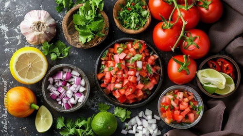 High-resolution, top angle photo of Pico de Gallo ingredients, arranged for high visual impact, with studio lighting creating a dramatic effect photo